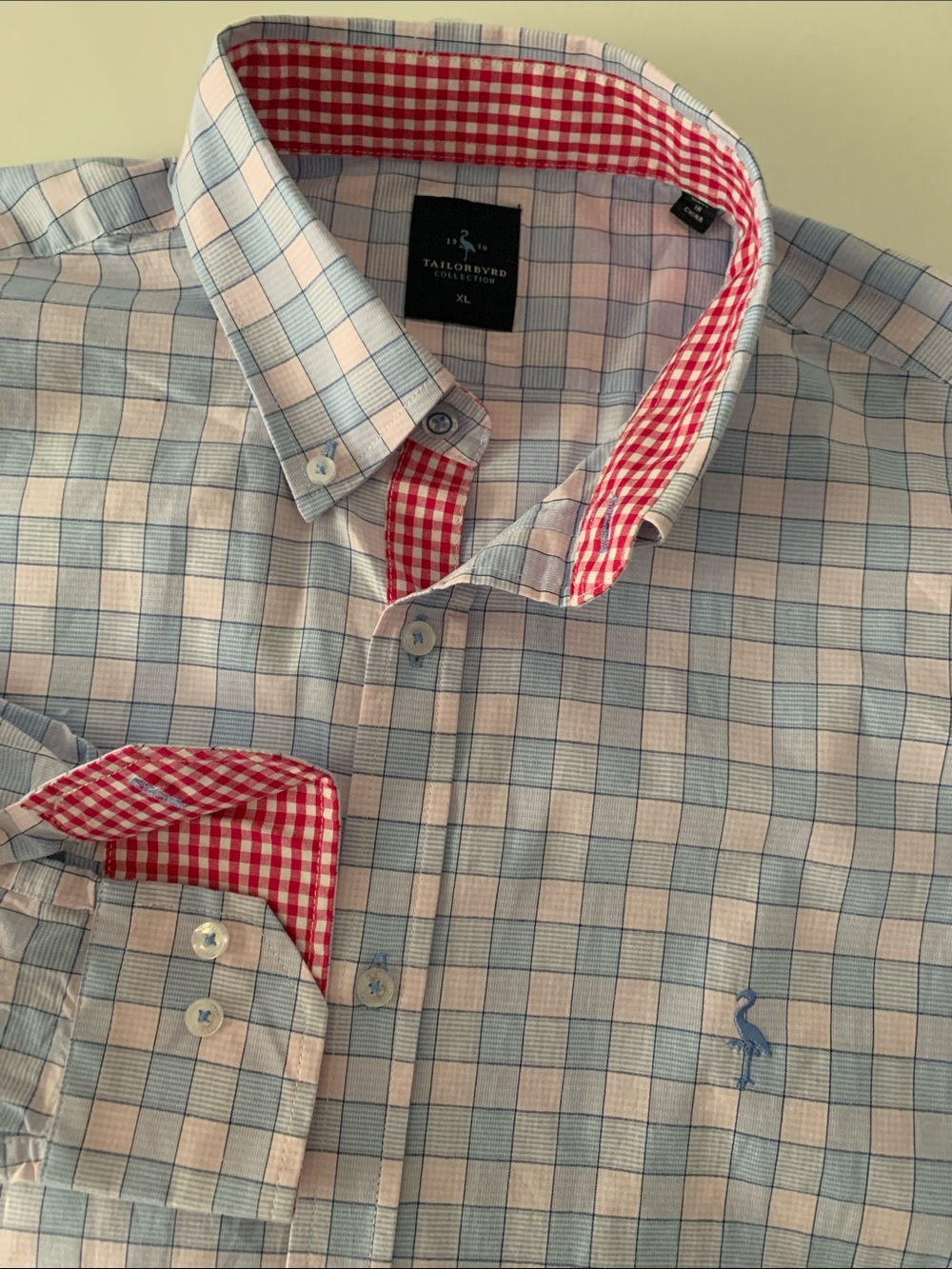 Tailorbyrd Collection Button-Down Plaid Dress Shirt - Light Blue & Pink Size XL